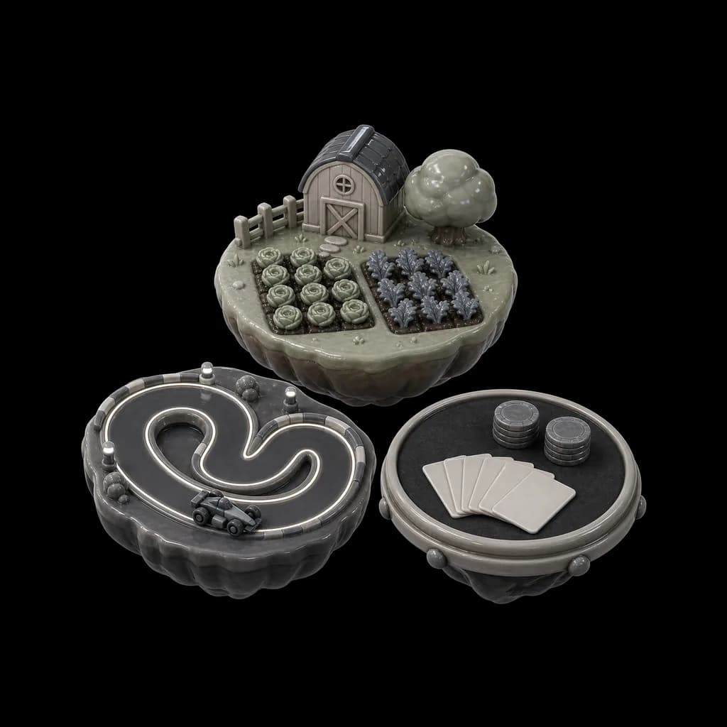 Tiny game worlds: a farm island, a racetrack and a card table